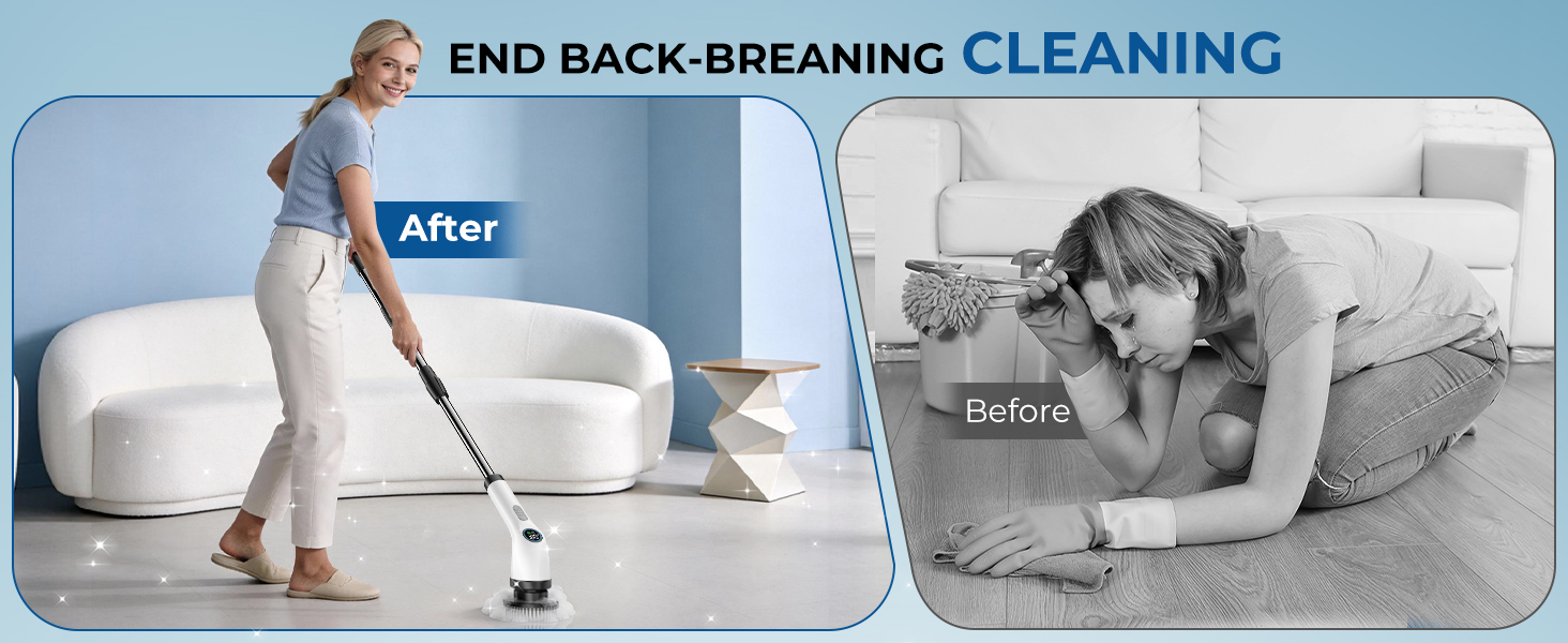 Electric Spin Scrubber, Rechargeable with Upgraded Battery & Extended Runtime, IPX7 Cleaning Brush, 3000mAh Battery 7 Brush Heads 2-Speed Adjustable Long Handle for Bathroom & Tile Floor Cleaning detail 5