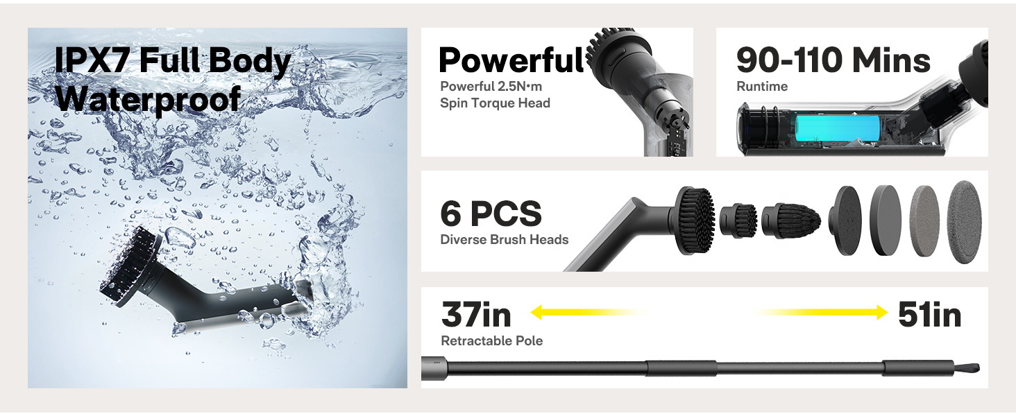 HOTO Cordless Electric Spin Scrubber, IPX7 Full Body Waterproof Bathroom Cleaning Brush, Max 22 in-lb, Shower Scrubber Brush with Long Handle, 6 Brush Heads, Power Scrubber for Bathroom, Floor, Tile detail 1