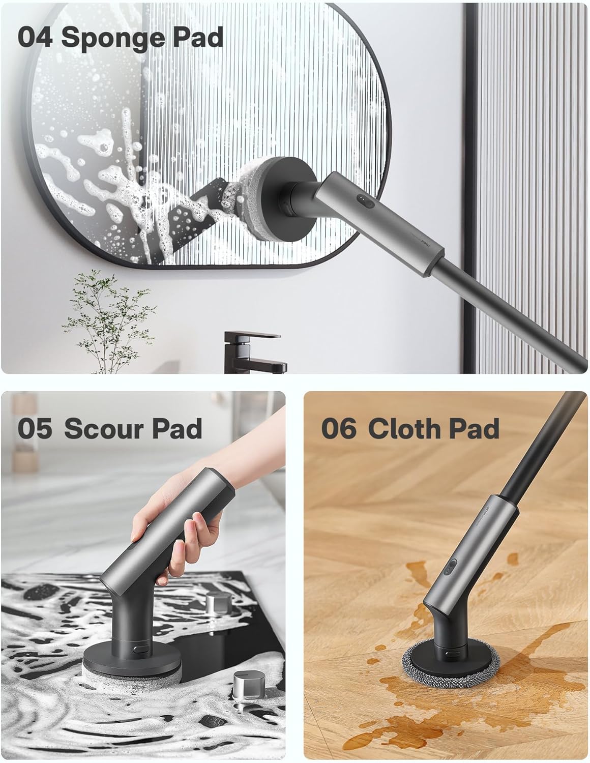 HOTO Cordless Electric Spin Scrubber, IPX7 Full Body Waterproof Bathroom Cleaning Brush, Max 22 in-lb, Shower Scrubber Brush with Long Handle, 6 Brush Heads, Power Scrubber for Bathroom, Floor, Tile detail 17