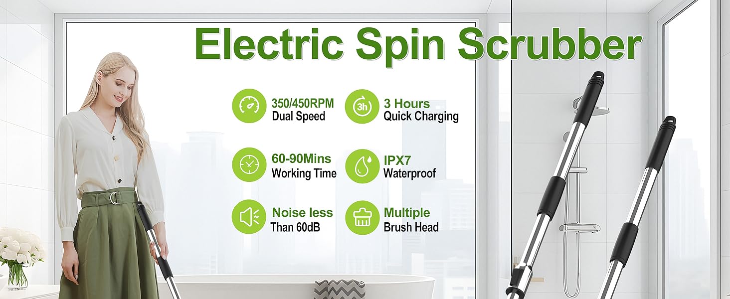 WKY-G3-Electric Spin Scrubber - Upgraded 10-in-1 IPX7 Waterproof Shower Cleaner Brush, Retractable Handle & 2-Speed for Toilet, Bathroom, Bathtub, Tile Floors Black detail 1