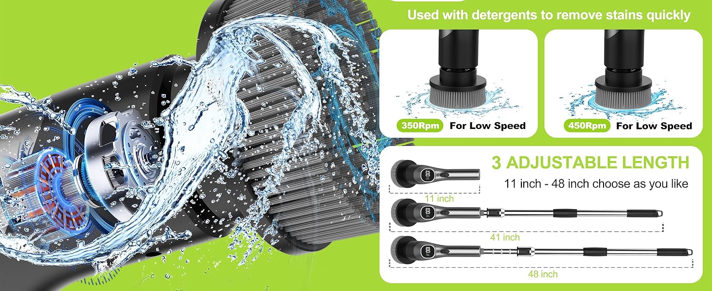 WKY-G3-Electric Spin Scrubber - Upgraded 10-in-1 IPX7 Waterproof Shower Cleaner Brush, Retractable Handle & 2-Speed for Toilet, Bathroom, Bathtub, Tile Floors Black detail 4