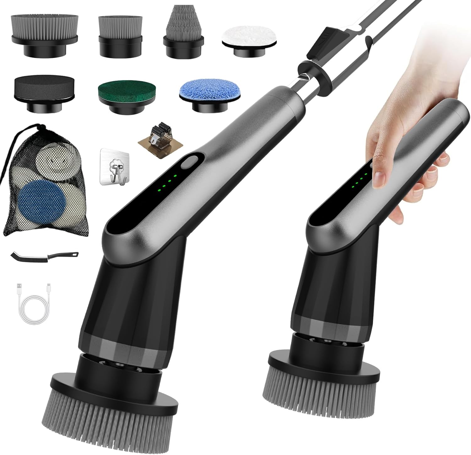 WKY-G3-Electric Spin Scrubber - Upgraded 10-in-1 IPX7 Waterproof Shower Cleaner Brush, Retractable Handle & 2-Speed for Toilet, Bathroom, Bathtub, Tile Floors Black detail 10