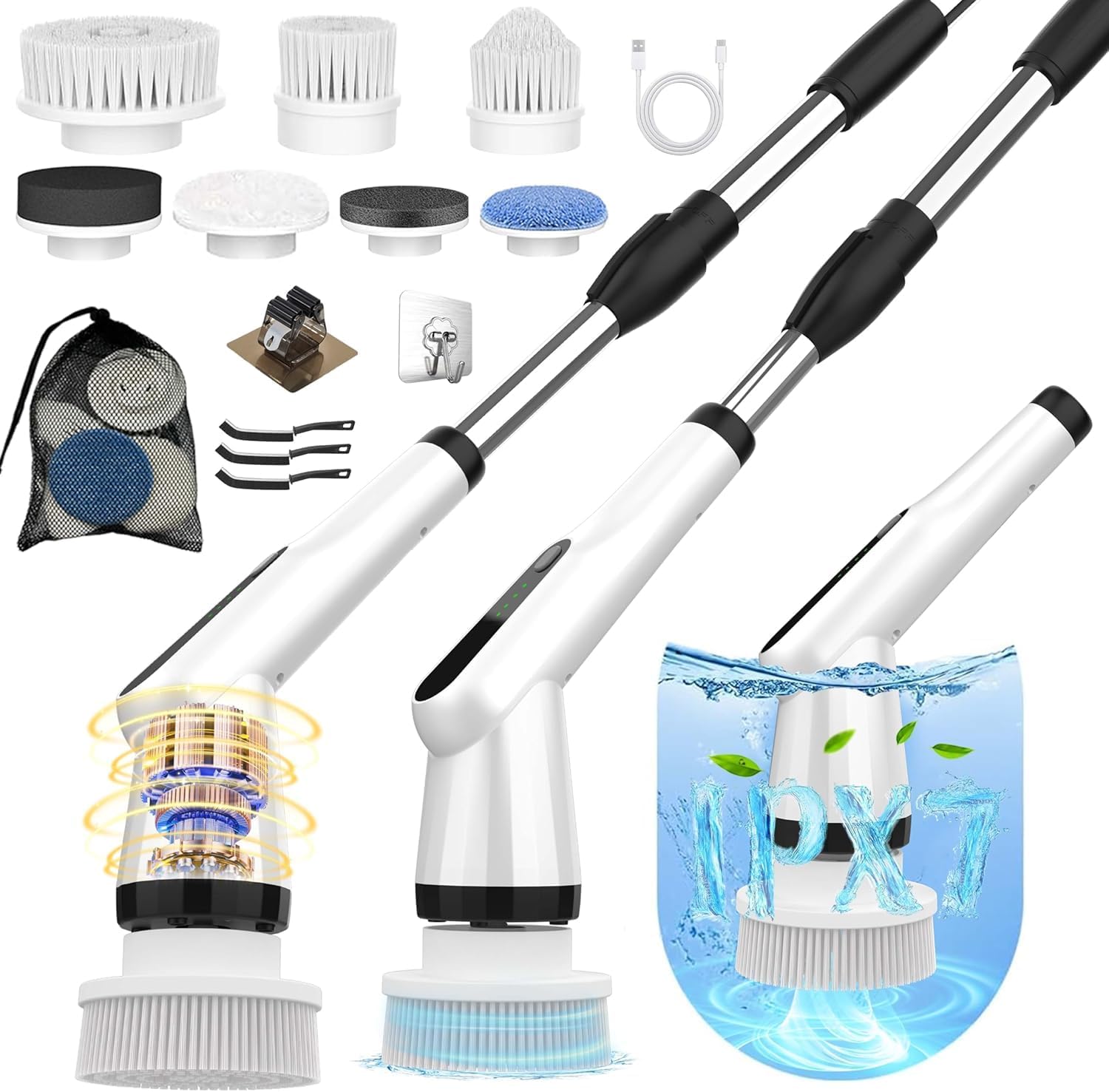 WKY-G3-Electric Spin Scrubber - Upgraded 10-in-1 IPX7 Waterproof Shower Cleaner Brush, Retractable Handle & 2-Speed for Toilet, Bathroom, Bathtub, Tile Floors Black detail 11