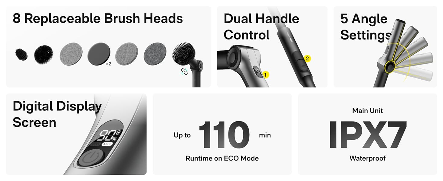 HOTO Flexi™ Cordless Electric Spin Scrubber, Adjustable Angle, Extendable Handle, Smart Display, IPX7 Waterproof, Powerful Cleaning Scrubber with 8 Replaceable Brush Heads, for Bathtub, Bathroom, Tile detail 1