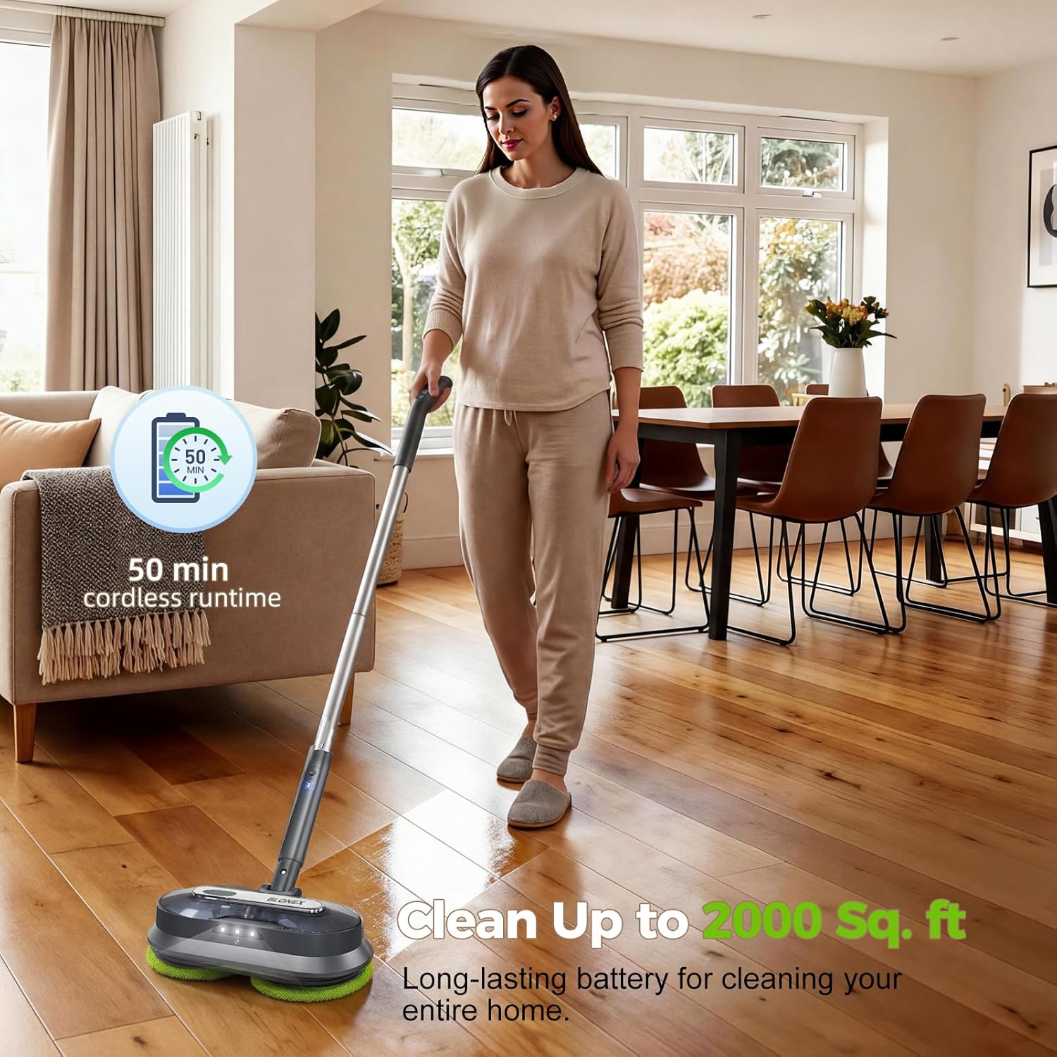 BLONEX Cordless Electric Mop with Spray & Detachable Water Tank, Lightweight Electric Spin Mop with Headlights for Hardwood Tile Laminate Floors, Long-Lasting Battery, Self-Propelled Floor Cleaner detail 18