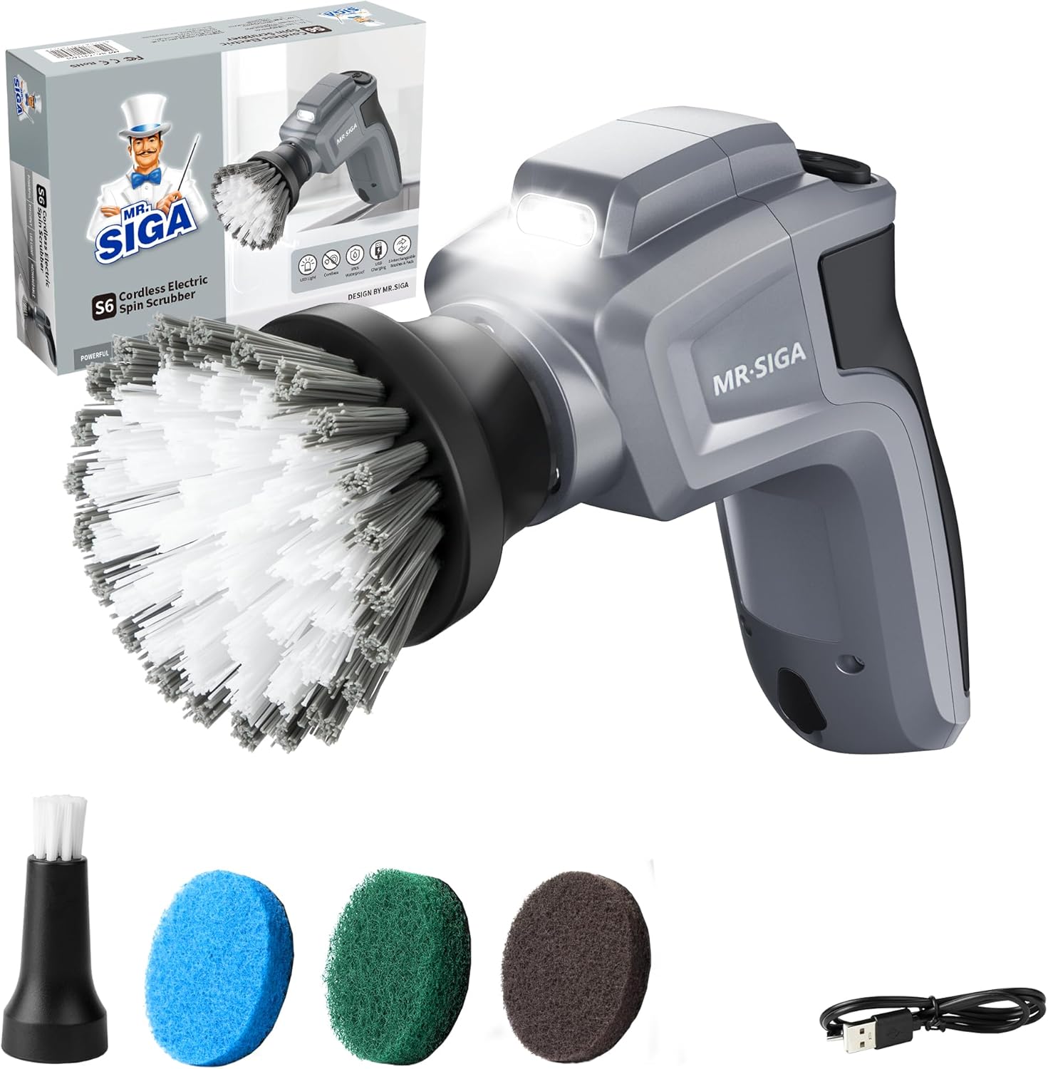 MR.SIGA Electric Spin Scrubber for Kitchen and Bathroom Cleaning, Waterproof Rechargeable Cordless Spin Scrubber with 5 Replaceable Cleaning Brushes and Pads detail 15