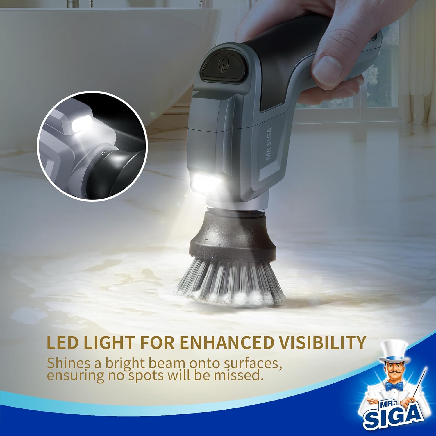 MR.SIGA Electric Spin Scrubber for Kitchen and Bathroom Cleaning, Waterproof Rechargeable Cordless Spin Scrubber with 5 Replaceable Cleaning Brushes and Pads detail 17