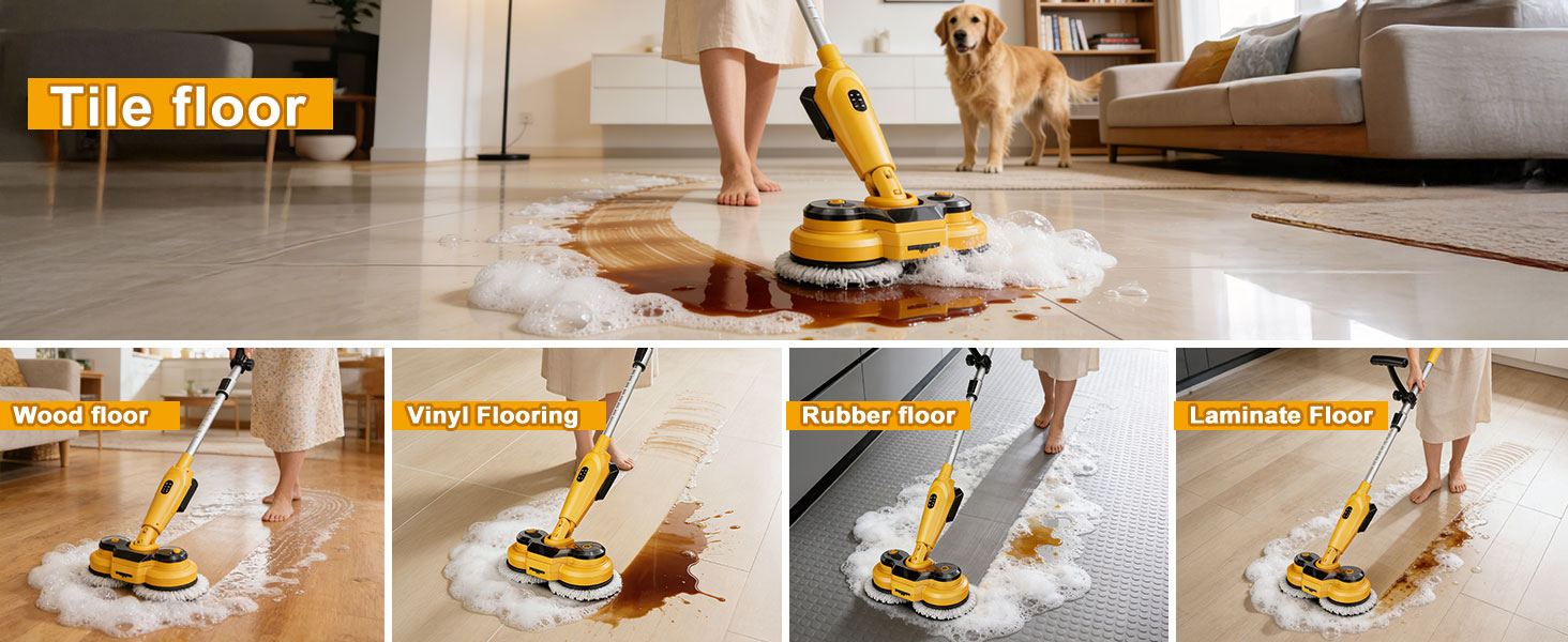 qimedo 6000mAh Battery Cordless Electric Mop M3 Pro, 800RPM Electric Power Scrubber & Mops for Floor Cleaning, Automatic Spin Mops with Smart Display,Rotating Mop with LED Light & Water Spray detail 13