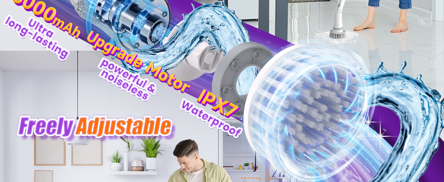 NBONEBS Electric Spin Scrubber, Cordless Shower Scrubber Rotary Floor Brushes & Pad Drivers with 6 Brush Heads - 2H Dual Speed, IPX7 Waterproof Extension Handle for Bathroom Tile Car Cleaning detail 3