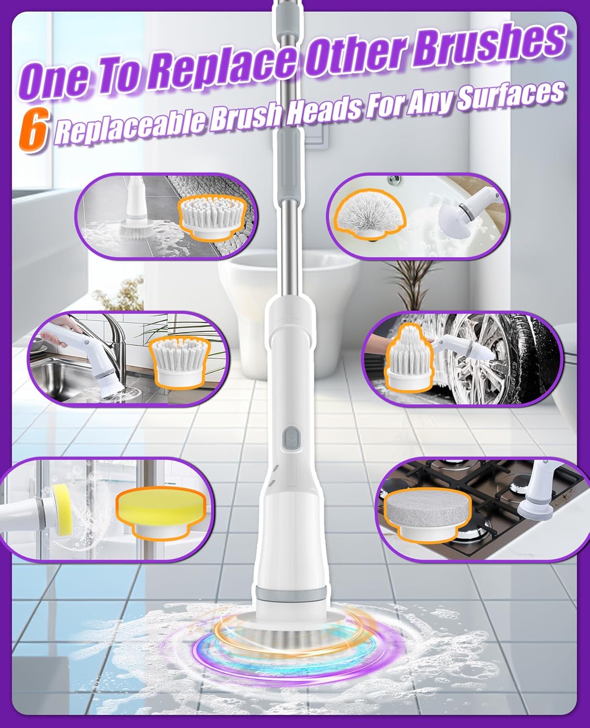 NBONEBS Electric Spin Scrubber, Cordless Shower Scrubber Rotary Floor Brushes & Pad Drivers with 6 Brush Heads - 2H Dual Speed, IPX7 Waterproof Extension Handle for Bathroom Tile Car Cleaning detail 17