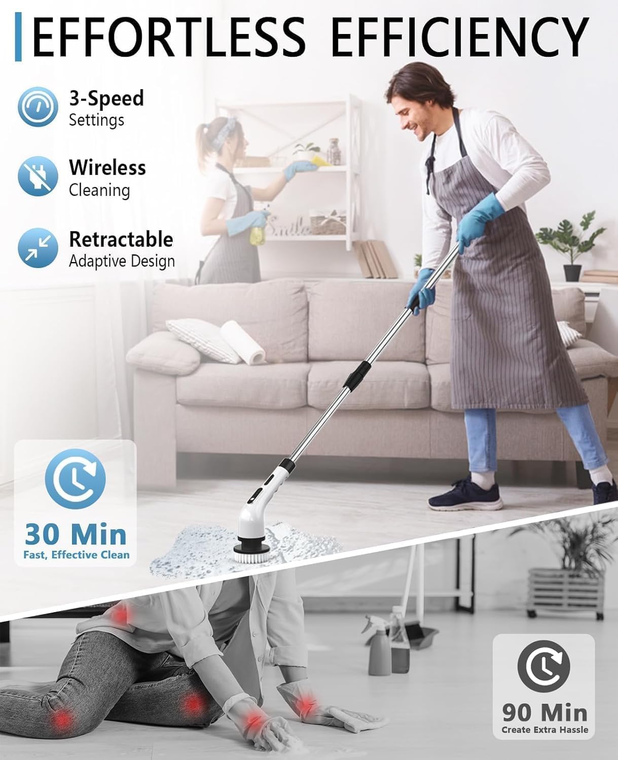 Electric Spin Scrubber for Cleaning Bathroom, Shower Scrubber Cordless Cleaning Brush with IPX7 Waterproof & 3 Speed, 9 Brush Heads, Bathroom Cleaning Supplies for Shower Tub Kitchen Tile Toilet Floor detail 16