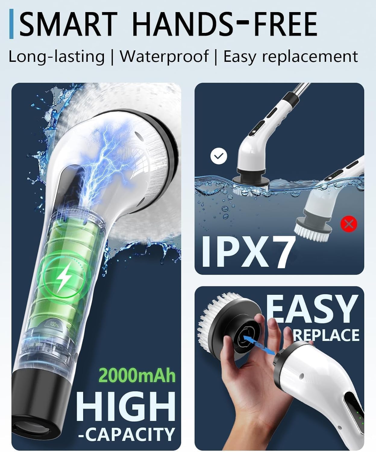 Electric Spin Scrubber for Cleaning Bathroom, Shower Scrubber Cordless Cleaning Brush with IPX7 Waterproof & 3 Speed, 9 Brush Heads, Bathroom Cleaning Supplies for Shower Tub Kitchen Tile Toilet Floor detail 18