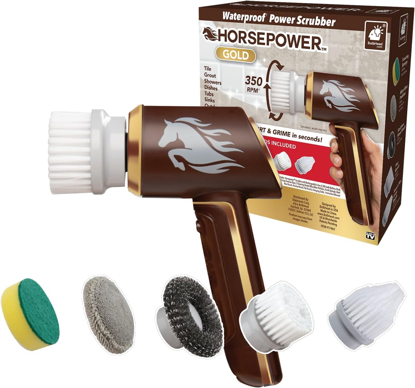 Horsepower Scrubber, Waterproof, Electric Power, Spins 350 RPM, 5 Brush Heads, AS SEEN ON TV, Cleans Dirt & Grime, Tile, Grout, Bathrooms, Kitchen, Auto Rims, Outdoor Furniture & More, Rechargeable detail 8
