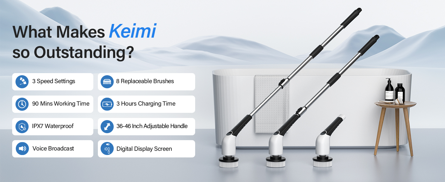 Electric Spin Scrubber, 2025 New Cordless Shower Cleaning Brush with 8 Replaceable Brush Heads, 3 Adjustable Speeds, and Adjustable Extension Handle for Bathroom Floor Tile detail 2