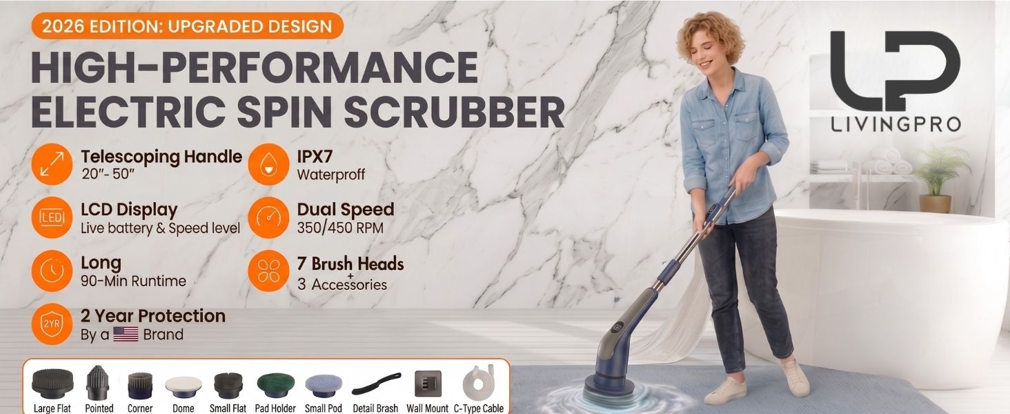 LIVINGPRO Electric Spin Scrubber with LCD Display, Cordless Cleaning Scrubber for Home, Upgraded 70W High-Power Motor, IPX7 Waterproof Dual Speed Power Scrubber, 7 Brush Heads, Extendable Long Handle detail 1