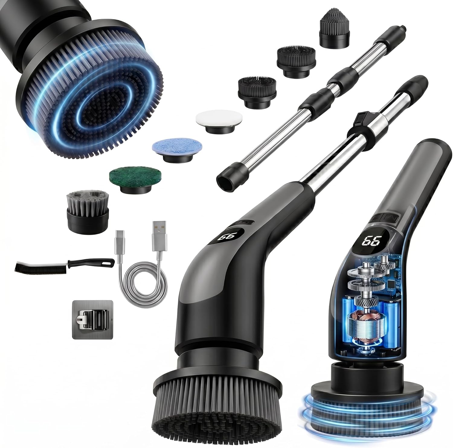 LIVINGPRO Electric Spin Scrubber with LCD Display, Cordless Cleaning Scrubber for Home, Upgraded 70W High-Power Motor, IPX7 Waterproof Dual Speed Power Scrubber, 7 Brush Heads, Extendable Long Handle detail 15
