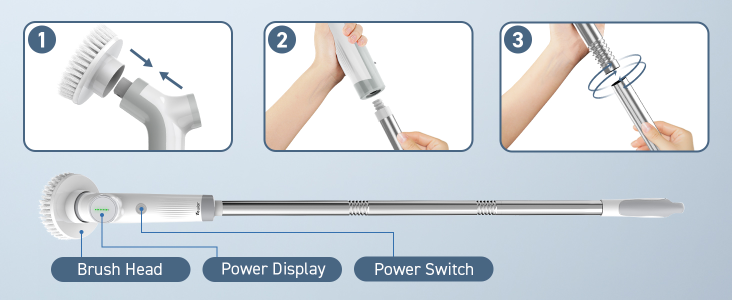 Electric Spin Scrubber, VEWIOR Cordless Shower Scrubber with 3 Adjustable Angle, Cleaning Brush with 2 Speeds 3 Replaceable Brush Heads for Bathroom Kitchen Tub detail 10