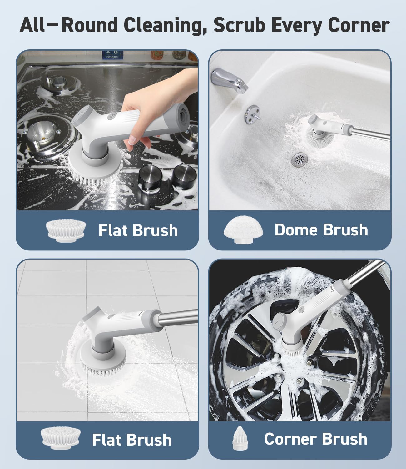 Electric Spin Scrubber, VEWIOR Cordless Shower Scrubber with 3 Adjustable Angle, Cleaning Brush with 2 Speeds 3 Replaceable Brush Heads for Bathroom Kitchen Tub detail 15