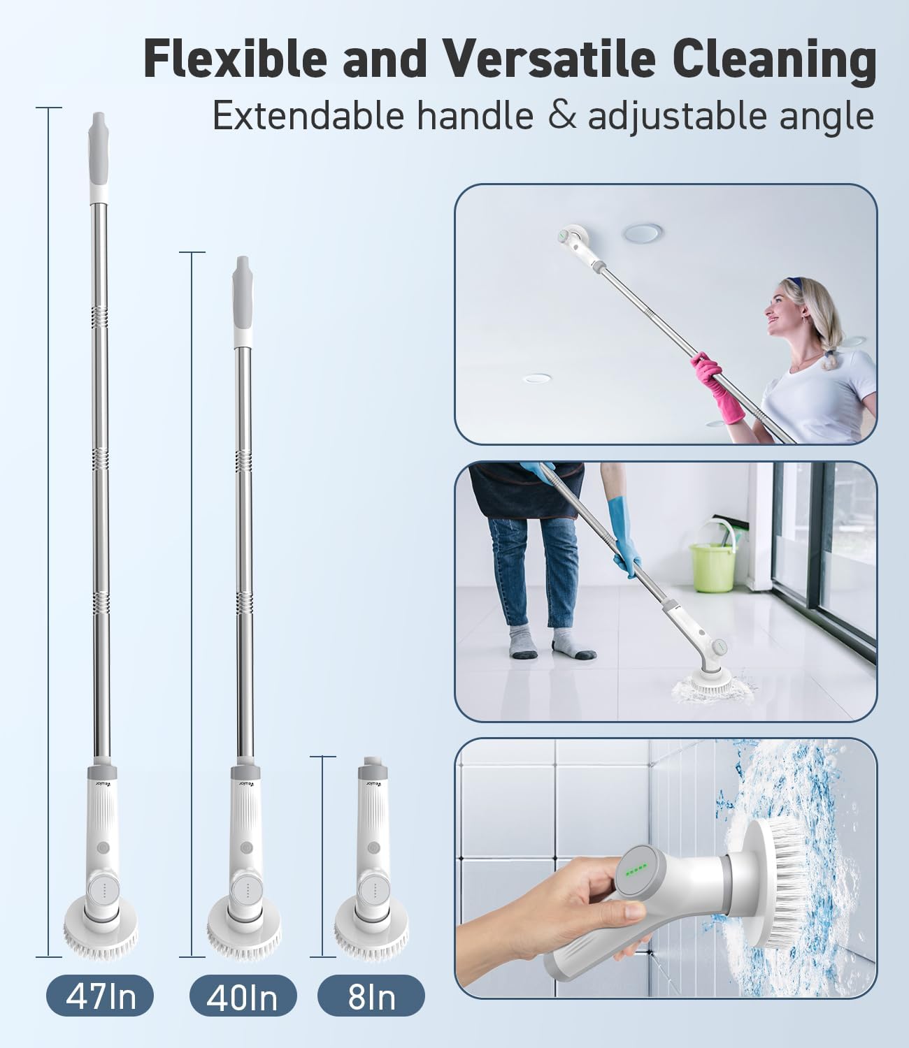 Electric Spin Scrubber, VEWIOR Cordless Shower Scrubber with 3 Adjustable Angle, Cleaning Brush with 2 Speeds 3 Replaceable Brush Heads for Bathroom Kitchen Tub detail 16