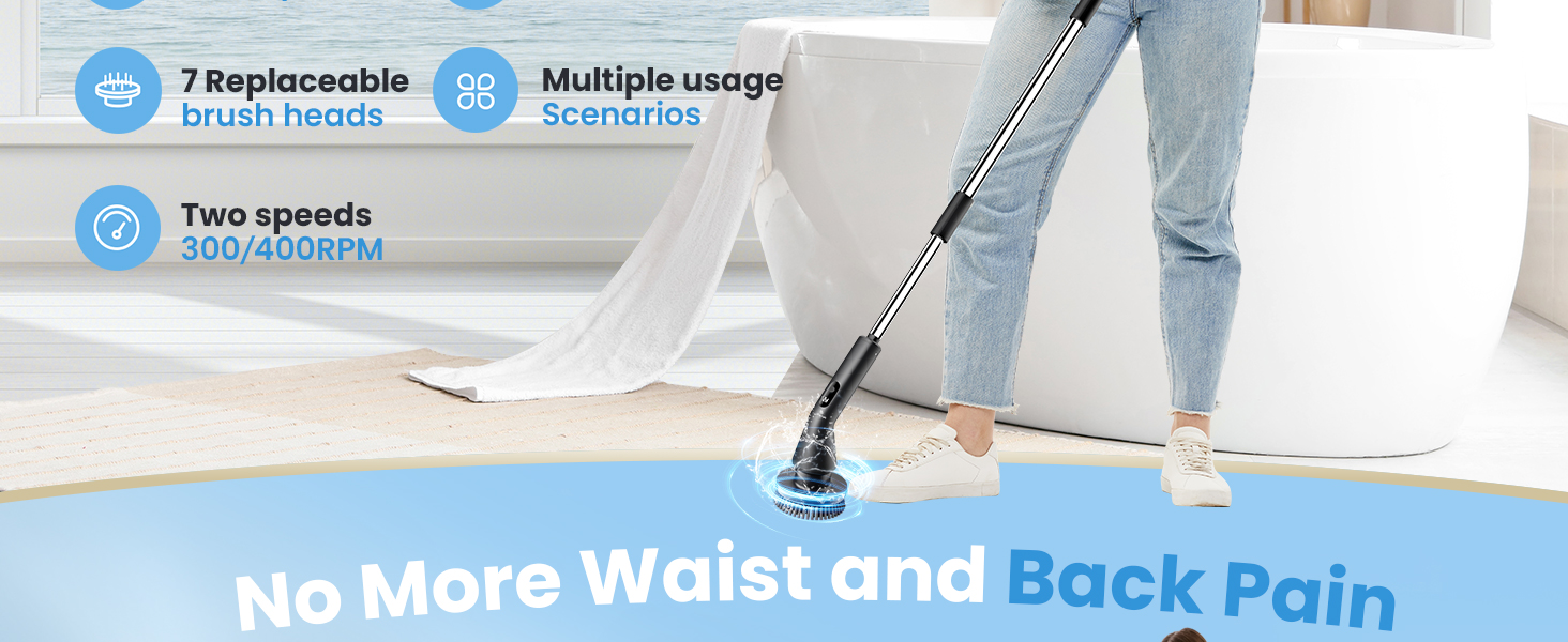 Electric Spin Scrubber, Upgraded IPX7 Cordless Cleaning Brush for Bathroom Shower, Household Cleaning Scrubber with 7 Brush Heads, Adjustable Long Handle and 2 Rotating Speeds for Tub Floor detail 2