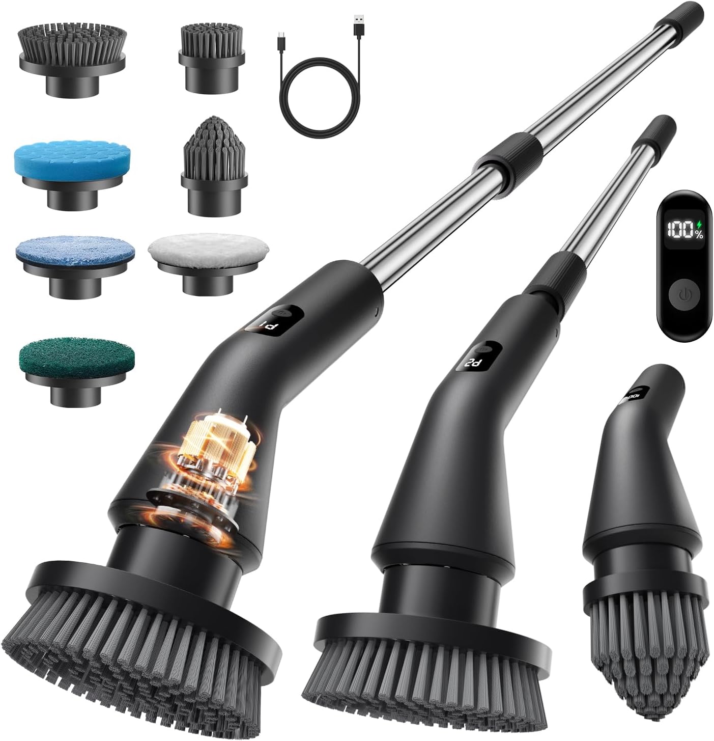 Electric Spin Scrubber, Upgraded IPX7 Cordless Cleaning Brush for Bathroom Shower, Household Cleaning Scrubber with 7 Brush Heads, Adjustable Long Handle and 2 Rotating Speeds for Tub Floor detail 7