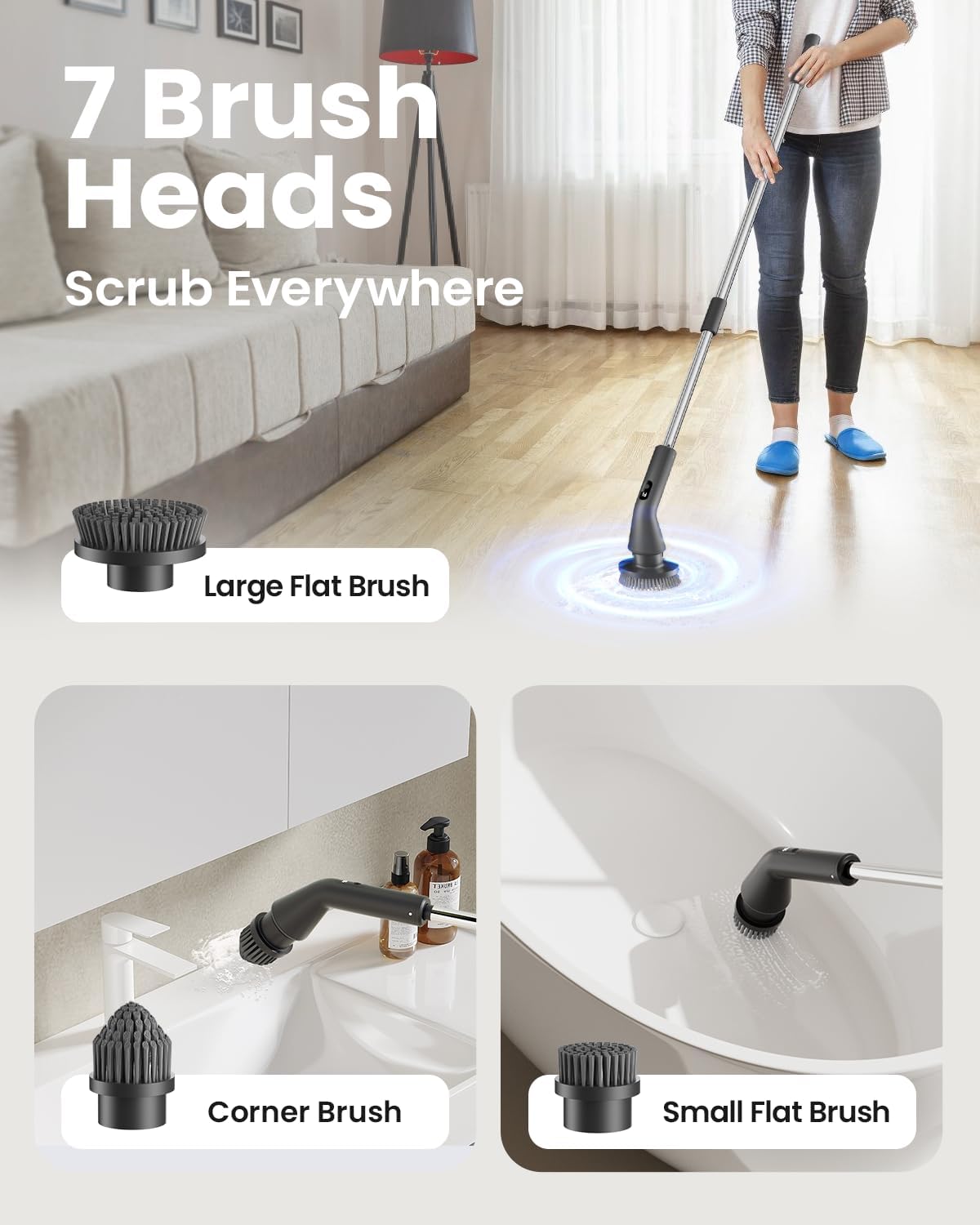 Electric Spin Scrubber, Upgraded IPX7 Cordless Cleaning Brush for Bathroom Shower, Household Cleaning Scrubber with 7 Brush Heads, Adjustable Long Handle and 2 Rotating Speeds for Tub Floor detail 10