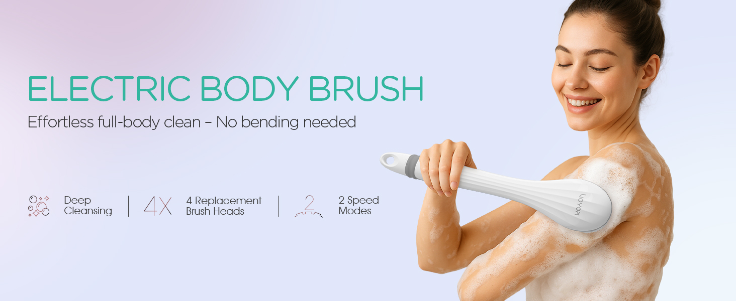 VOYOR Electric Body Brush Back Scrubber for Shower Rechargeable Exfoliating Bath Brush Powered Shower Brush with Non-Slip Long Handle Deep Cleansing, Exfoliation, Massaging Spin Brush BC100 (Grey) detail 1