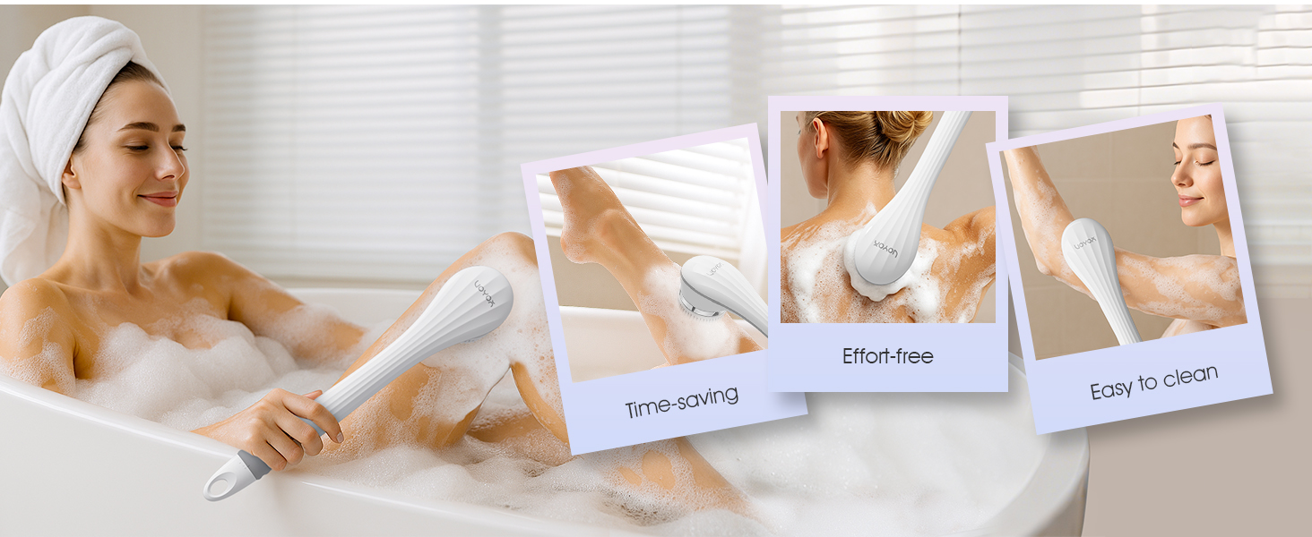 VOYOR Electric Body Brush Back Scrubber for Shower Rechargeable Exfoliating Bath Brush Powered Shower Brush with Non-Slip Long Handle Deep Cleansing, Exfoliation, Massaging Spin Brush BC100 (Grey) detail 9