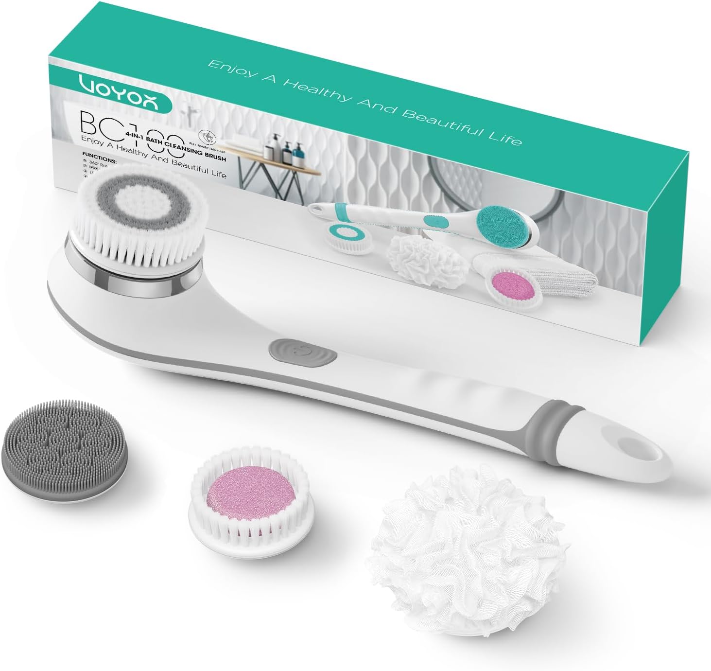 VOYOR Electric Body Brush Back Scrubber for Shower Rechargeable Exfoliating Bath Brush Powered Shower Brush with Non-Slip Long Handle Deep Cleansing, Exfoliation, Massaging Spin Brush BC100 (Grey) detail 14