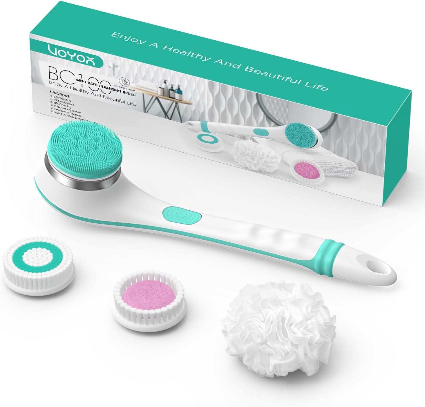 VOYOR Electric Body Brush Back Scrubber for Shower Rechargeable Exfoliating Bath Brush Powered Shower Brush with Non-Slip Long Handle Deep Cleansing, Exfoliation, Massaging Spin Brush BC100 (Grey) detail 15