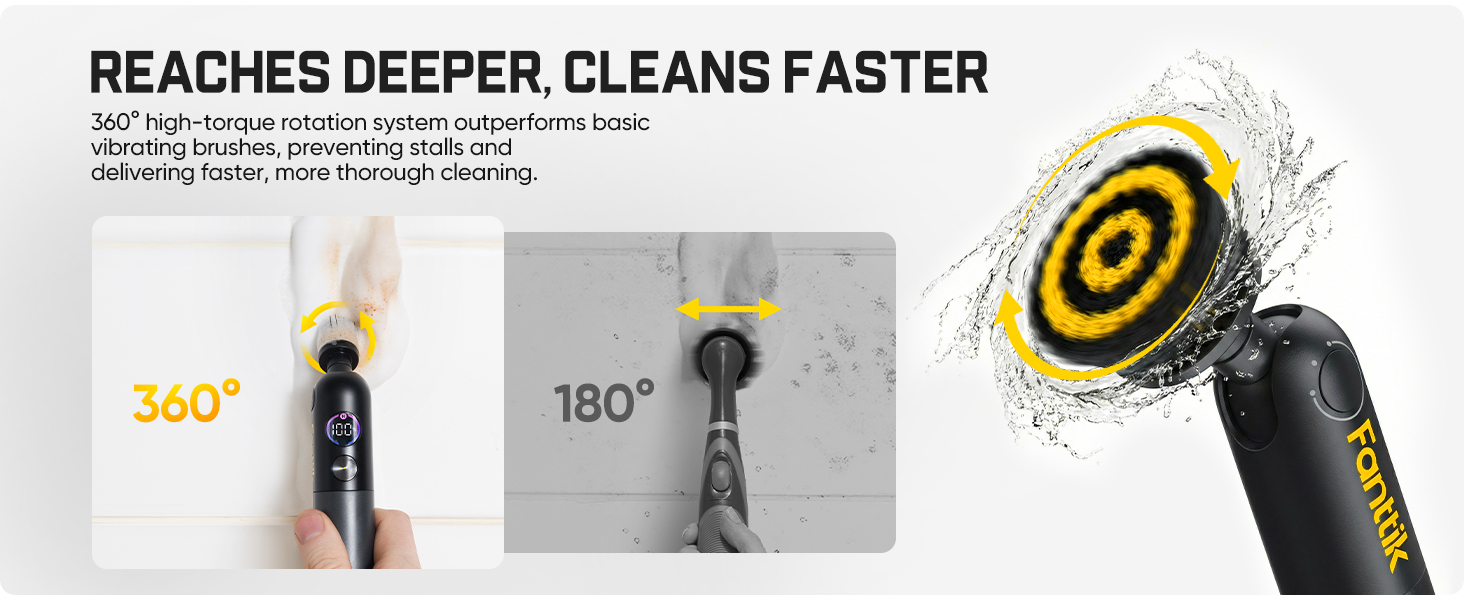 Fanttik Flip G10 Nano HomeCare Cordless Electric Spin Scrubber, 360° High-Torque Rotation, 2-Speed & 3-Angle, IPX7 Waterproof Cleaning Brush with 15 Brush Heads for Grout, Tiles, Sinks, Crevices detail 8