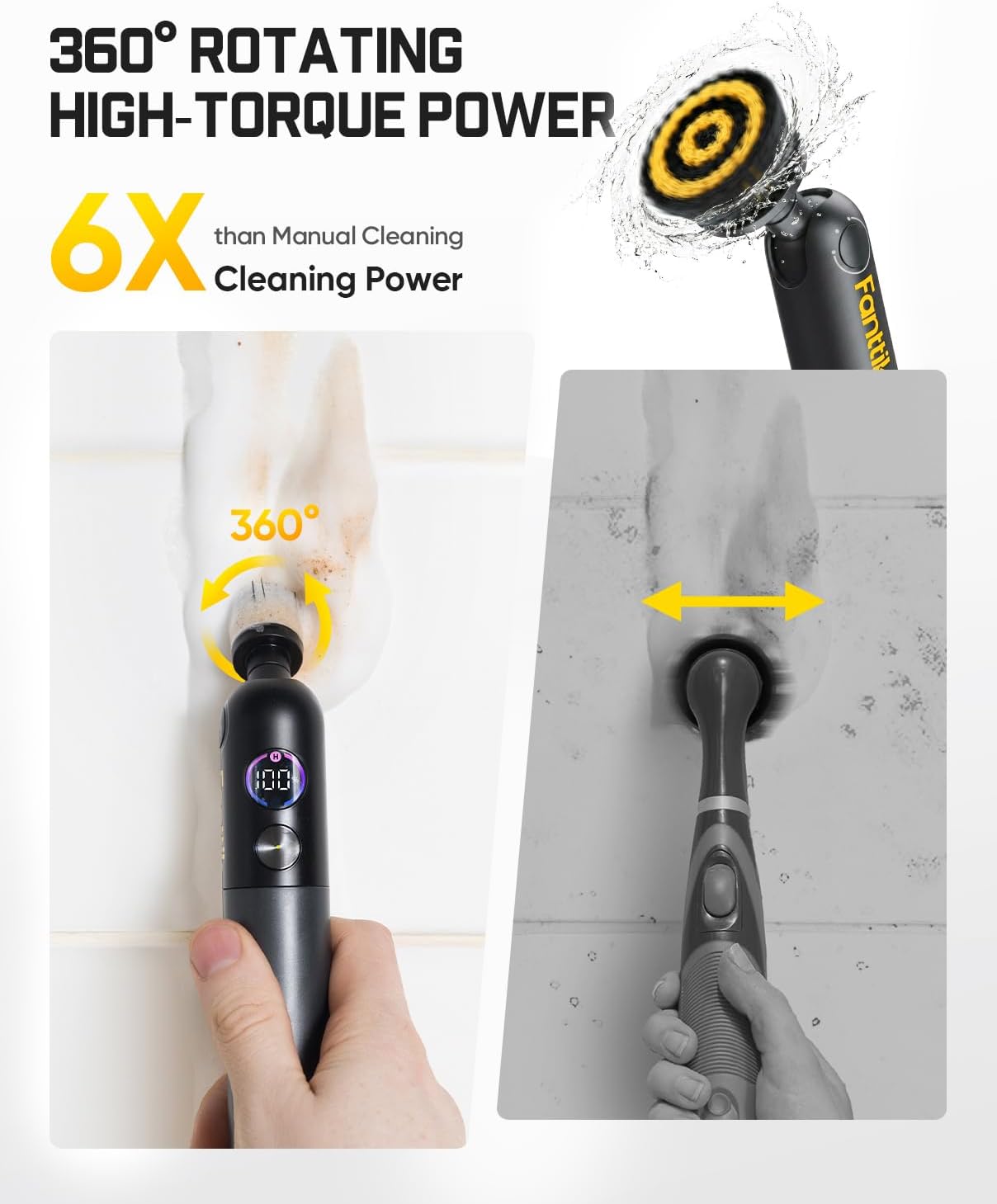 Fanttik Flip G10 Nano HomeCare Cordless Electric Spin Scrubber, 360° High-Torque Rotation, 2-Speed & 3-Angle, IPX7 Waterproof Cleaning Brush with 15 Brush Heads for Grout, Tiles, Sinks, Crevices detail 13