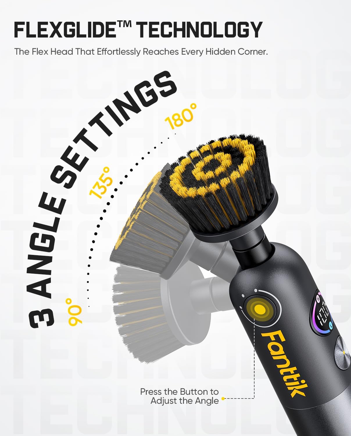 Fanttik Flip G10 Nano HomeCare Cordless Electric Spin Scrubber, 360° High-Torque Rotation, 2-Speed & 3-Angle, IPX7 Waterproof Cleaning Brush with 15 Brush Heads for Grout, Tiles, Sinks, Crevices detail 14