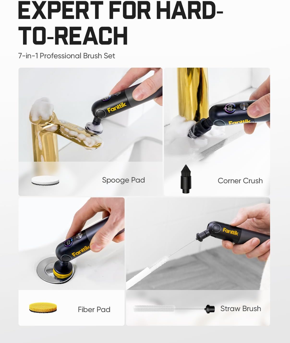 Fanttik Flip G10 Nano HomeCare Cordless Electric Spin Scrubber, 360° High-Torque Rotation, 2-Speed & 3-Angle, IPX7 Waterproof Cleaning Brush with 15 Brush Heads for Grout, Tiles, Sinks, Crevices detail 16