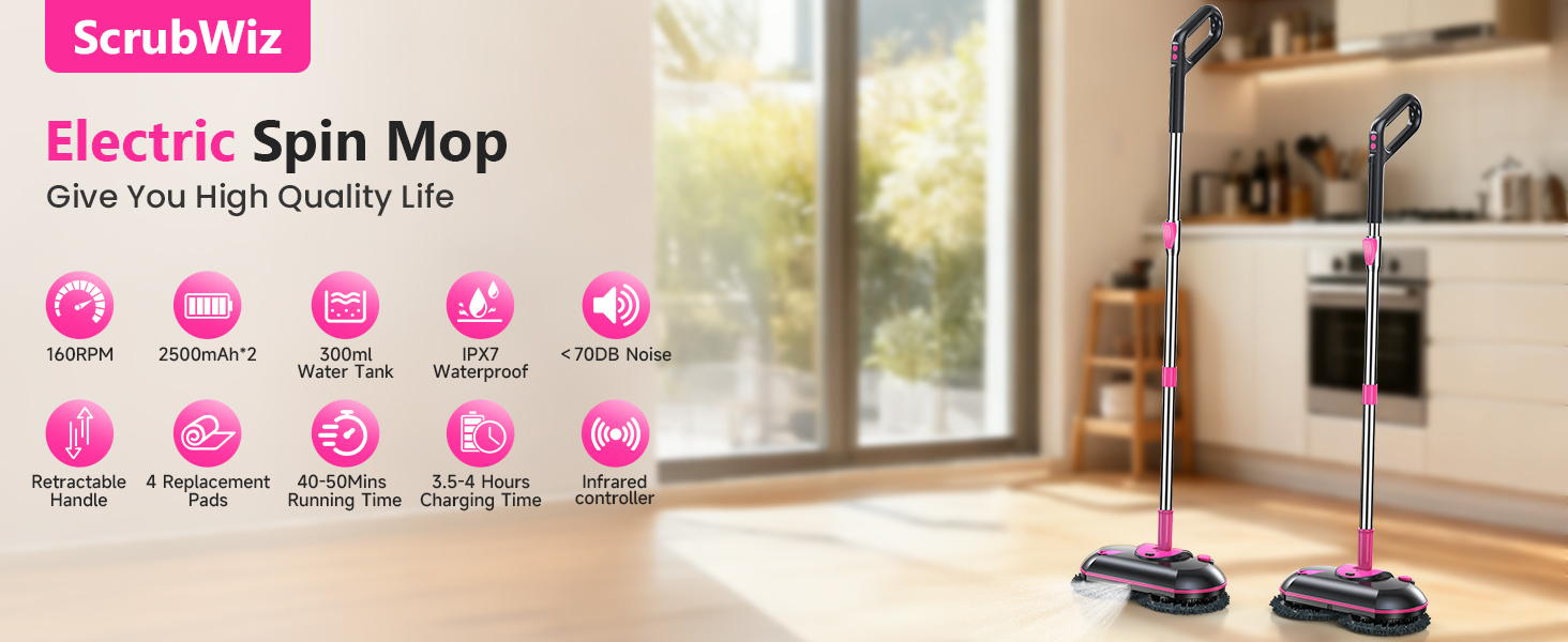 Cordless Electric Mop, Electric Spin Mop with Water Sprayer, Powerful Floor Cleaner, 300ml Tank Self-Propelled for Hardwood & Tile, Adjustable Handle, 2500mAh Long-Lasting Battery, Pink detail 1
