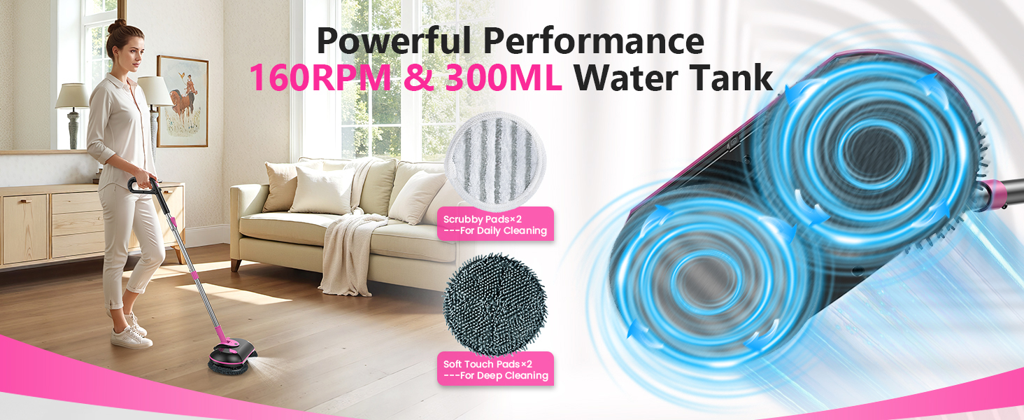 Cordless Electric Mop, Electric Spin Mop with Water Sprayer, Powerful Floor Cleaner, 300ml Tank Self-Propelled for Hardwood & Tile, Adjustable Handle, 2500mAh Long-Lasting Battery, Pink detail 2