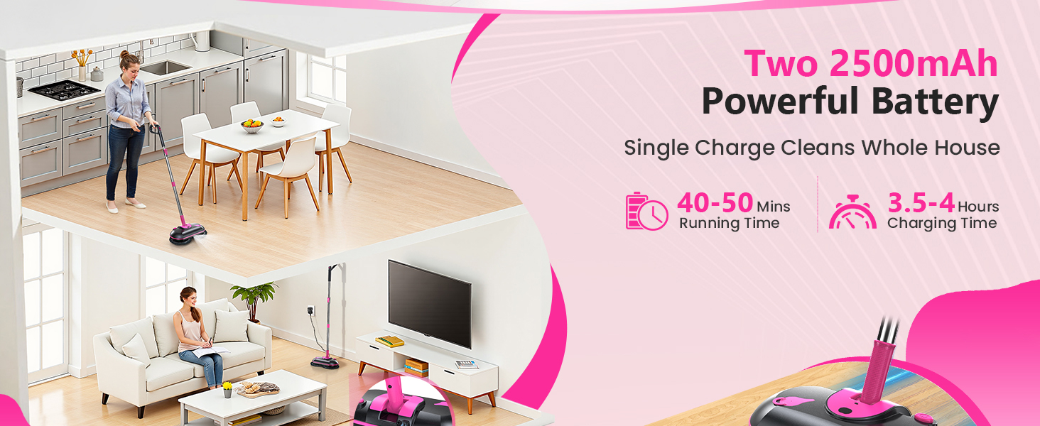Cordless Electric Mop, Electric Spin Mop with Water Sprayer, Powerful Floor Cleaner, 300ml Tank Self-Propelled for Hardwood & Tile, Adjustable Handle, 2500mAh Long-Lasting Battery, Pink detail 3