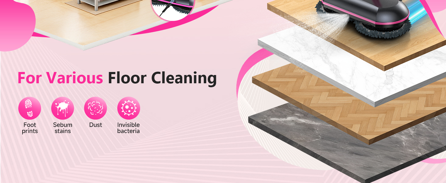 Cordless Electric Mop, Electric Spin Mop with Water Sprayer, Powerful Floor Cleaner, 300ml Tank Self-Propelled for Hardwood & Tile, Adjustable Handle, 2500mAh Long-Lasting Battery, Pink detail 4