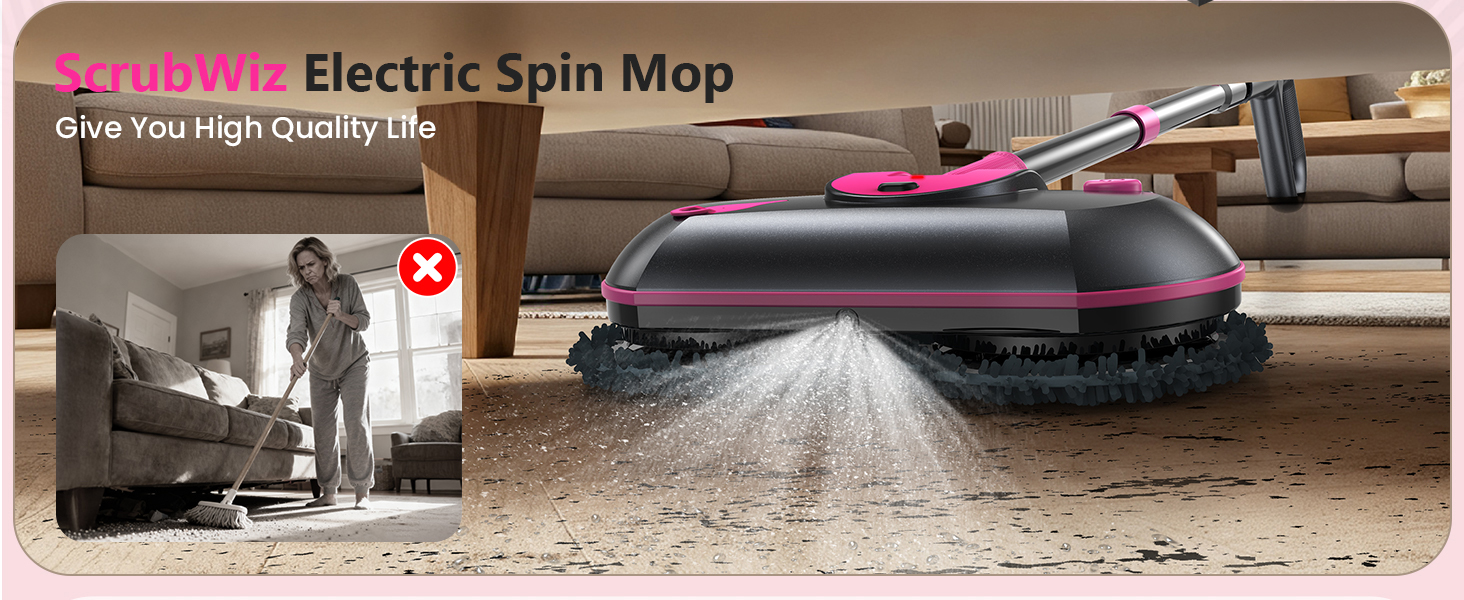 Cordless Electric Mop, Electric Spin Mop with Water Sprayer, Powerful Floor Cleaner, 300ml Tank Self-Propelled for Hardwood & Tile, Adjustable Handle, 2500mAh Long-Lasting Battery, Pink detail 9
