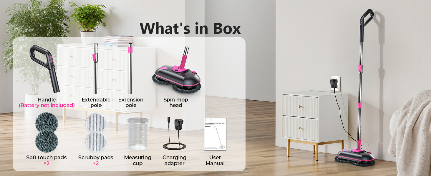 Cordless Electric Mop, Electric Spin Mop with Water Sprayer, Powerful Floor Cleaner, 300ml Tank Self-Propelled for Hardwood & Tile, Adjustable Handle, 2500mAh Long-Lasting Battery, Pink detail 10