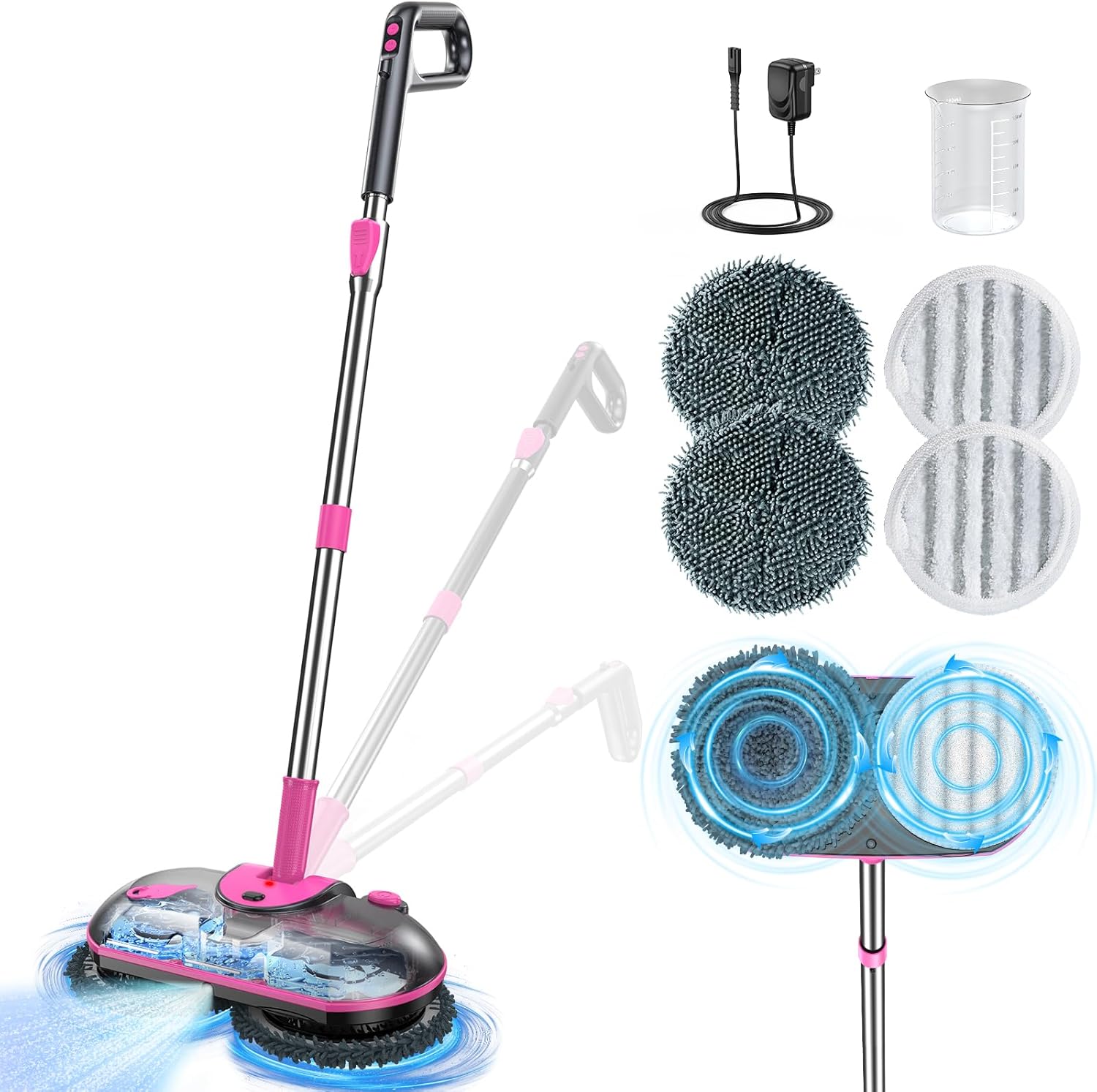 Cordless Electric Mop, Electric Spin Mop with Water Sprayer, Powerful Floor Cleaner, 300ml Tank Self-Propelled for Hardwood & Tile, Adjustable Handle, 2500mAh Long-Lasting Battery, Pink detail 14