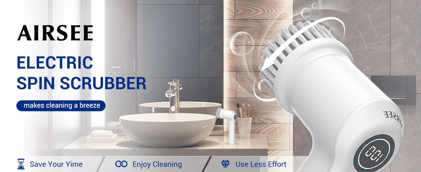 AIRSEE Electric Spin Scrubber, Cordless Power Rotating Brush, 2 Speeds, 6 Replaceable Brush Heads, Handheld Shower Bathroom Scrubber for Cleaning Floors, Windows, Bathtubs, Tiles, Sink, Car detail 1