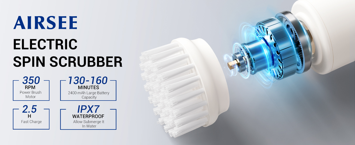 AIRSEE Electric Spin Scrubber, Cordless Power Rotating Brush, 2 Speeds, 6 Replaceable Brush Heads, Handheld Shower Bathroom Scrubber for Cleaning Floors, Windows, Bathtubs, Tiles, Sink, Car detail 2