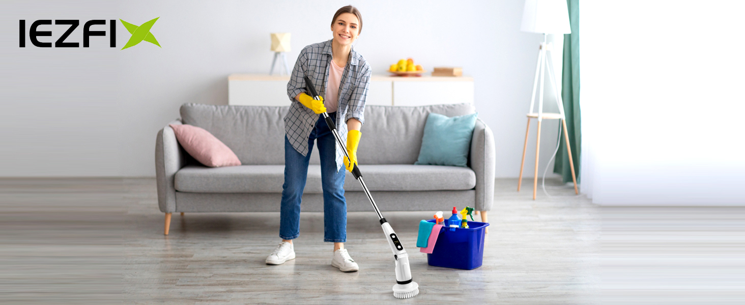 IEZFIX Electric Spin Scrubber, Bathroom Power Shower Scrubber Cleaning Brush for Tub/Tile/Floor/Toilet/Kitchen, 8 Cleaner Scrub Brush Heads, 3 Speeds 450RPM Max, Telescopic Rod Black detail 1