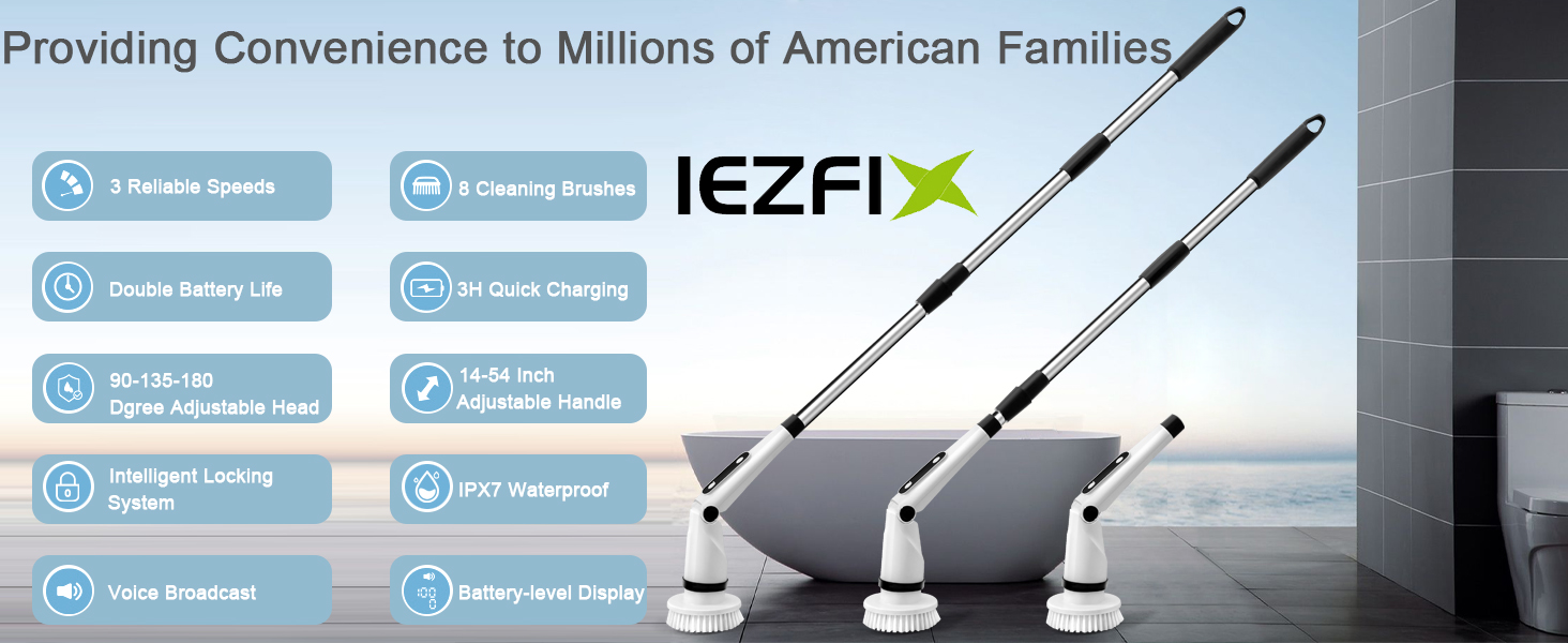 IEZFIX Electric Spin Scrubber, Bathroom Power Shower Scrubber Cleaning Brush for Tub/Tile/Floor/Toilet/Kitchen, 8 Cleaner Scrub Brush Heads, 3 Speeds 450RPM Max, Telescopic Rod Black detail 2