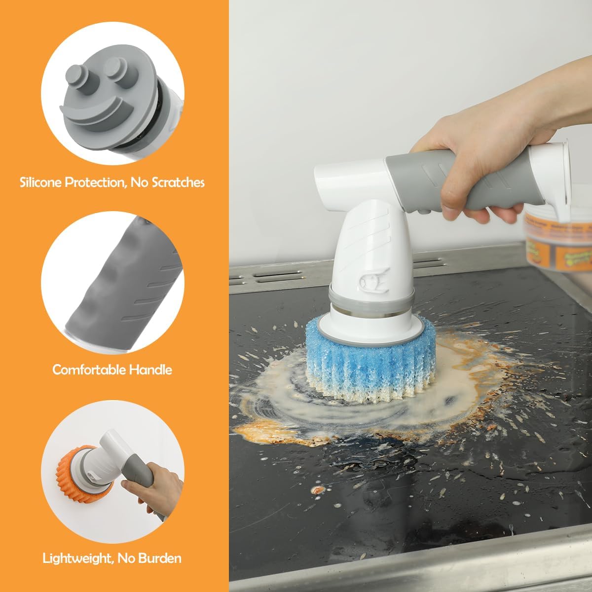 LANMU Electric Scrubber Sponge Wand Compatible with Scrub Daddy/Mommy Sponges, Cordless Power Spin Brush with Comfortable Handle, 5 Replaceable Heads for Cleaning Oven, Stove, Sink, Shower, Bathtub detail 9