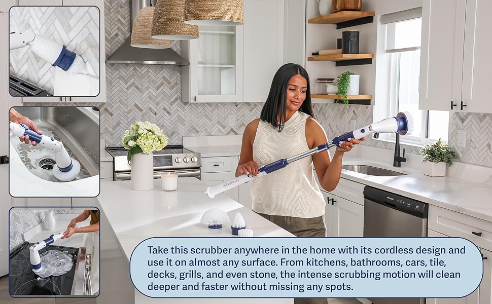 Casabella Power Spin Scrubber, Extendable to 47.5" - Cordless Electric Cleaner for Shower, Kitchen, Bathroom, Tile, Tub, Car, Deck - Rechargeable Spin Brush with Adjustable Brush Head & 4 Attachments detail 3