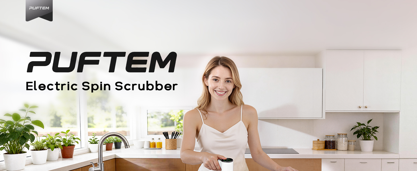 PUFTEM Electric Spin Scrubber for Bathroom Cleaning, Cordless Shower Scrubber with 6 Brush Heads, Dual-Direction Rotation, Handheld Cleaning Brush for Grout, Tile, Tub, Sink & Corners, White detail 1