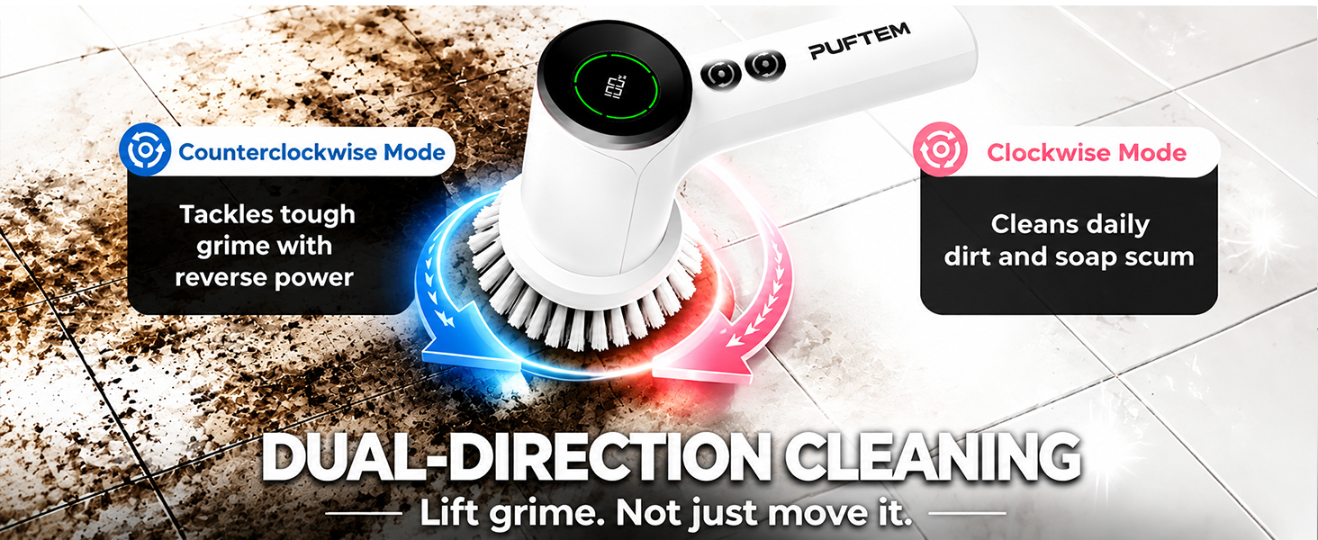 PUFTEM Electric Spin Scrubber for Bathroom Cleaning, Cordless Shower Scrubber with 6 Brush Heads, Dual-Direction Rotation, Handheld Cleaning Brush for Grout, Tile, Tub, Sink & Corners, White detail 3