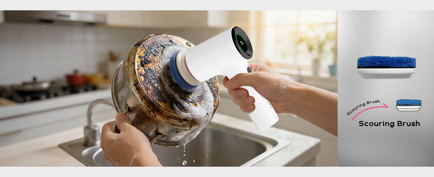 PUFTEM Electric Spin Scrubber for Bathroom Cleaning, Cordless Shower Scrubber with 6 Brush Heads, Dual-Direction Rotation, Handheld Cleaning Brush for Grout, Tile, Tub, Sink & Corners, White detail 7